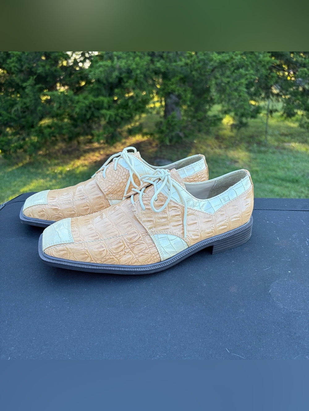Sio Faux Crocodile Alligator Print Derby Dress Shoes Tan Cream Square Toe 9.5